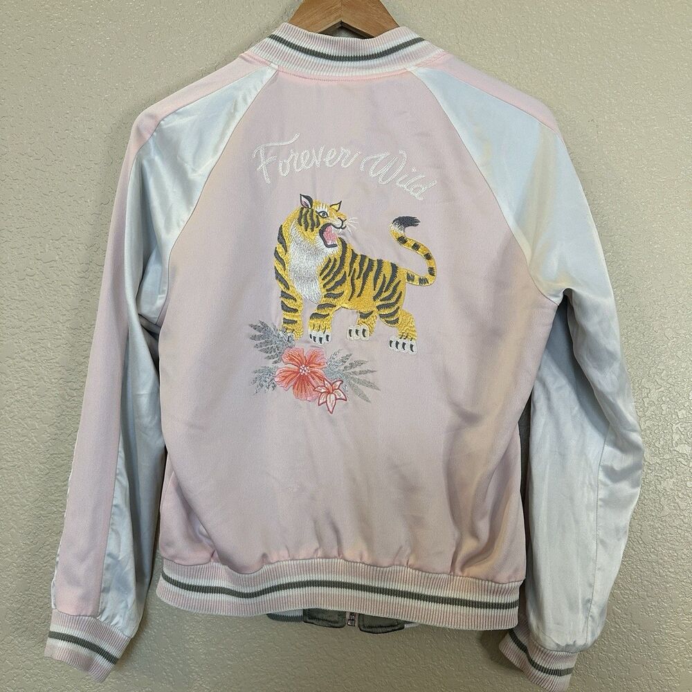 Hollister‎ Bomber Jacket Womens Medium Pink Embroidered Tiger Reversible Zip Up